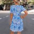 Women Short Sleeves Dress Round Neck Elegant Floral Printing High Waist A line Skirt Trendy Lantern Sleeve Short Dress blue M
