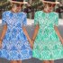 Women Short Sleeves Dress Round Neck Elegant Floral Printing High Waist A line Skirt Trendy Lantern Sleeve Short Dress blue M