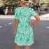Women Short Sleeves Dress Round Neck Elegant Floral Printing High Waist A line Skirt Trendy Lantern Sleeve Short Dress blue M