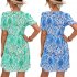 Women Short Sleeves Dress Round Neck Elegant Floral Printing High Waist A line Skirt Trendy Lantern Sleeve Short Dress blue M