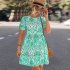 Women Short Sleeves Dress Round Neck Elegant Floral Printing High Waist A line Skirt Trendy Lantern Sleeve Short Dress blue M