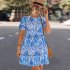 Women Short Sleeves Dress Round Neck Elegant Floral Printing High Waist A line Skirt Trendy Lantern Sleeve Short Dress blue M