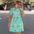 Women Short Sleeves Dress Round Neck Elegant Floral Printing High Waist A line Skirt Trendy Lantern Sleeve Short Dress blue M