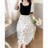 Women Short Sleeves Dress Retro French Style High Waist Chiffon Irregular Skirt Floral Printing Dress As shown M