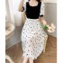 Women Short Sleeves Dress Retro French Style High Waist Chiffon Irregular Skirt Floral Printing Dress As shown M