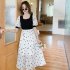 Women Short Sleeves Dress Retro French Style High Waist Chiffon Irregular Skirt Floral Printing Dress As shown L