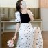 Women Short Sleeves Dress Retro French Style High Waist Chiffon Irregular Skirt Floral Printing Dress As shown L