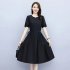 Women Short Sleeves Dress Elegant Round Neck Lace up Pullover A line Skirt Casual Solid Color Loose Dress Dark khaki L
