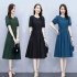 Women Short Sleeves Dress Elegant Round Neck Lace up Pullover A line Skirt Casual Solid Color Loose Dress Dark khaki L