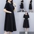 Women Short Sleeves Dress Simple Elegant Solid Color Round Neck A line Skirt Loose Casual Dress With Pockets black 2XL
