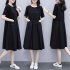 Women Short Sleeves Dress Simple Elegant Solid Color Round Neck A line Skirt Loose Casual Dress With Pockets black 2XL