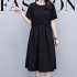 Women Short Sleeves Dress Simple Elegant Solid Color Round Neck A line Skirt Loose Casual Dress With Pockets black 2XL