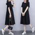 Women Short Sleeves Dress Simple Elegant Solid Color Round Neck A line Skirt Loose Casual Dress With Pockets black 2XL