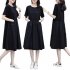 Women Short Sleeves Dress Simple Elegant Solid Color Round Neck A line Skirt Loose Casual Dress With Pockets black 2XL