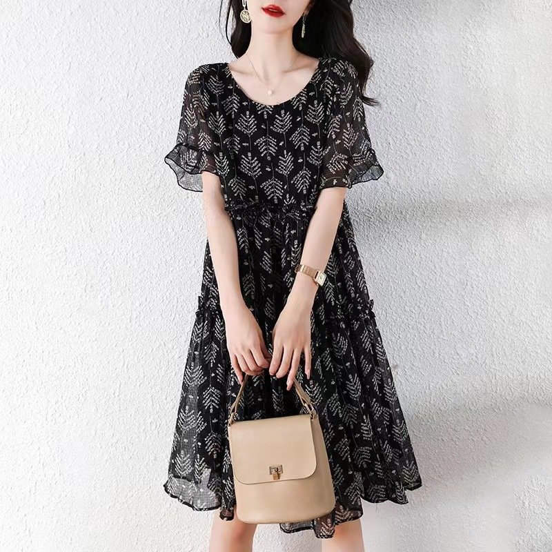 Women Short Sleeves Dress Fashion Elegant V-neck Leaves Printing A-line Skirt Casual Loose Pullover Dress black M