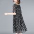 Women Short Sleeves Dress Fashion Elegant V neck Leaves Printing A line Skirt Casual Loose Pullover Dress black M