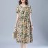 Women Short Sleeves Dress Fashion Floral Printing Mid length Skirt Loose Round Neck Pullover A line Skirt red 4XL