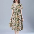 Women Short Sleeves Dress Fashion Floral Printing Mid-length Skirt Loose Round Neck Pullover A-line Skirt yellow L