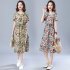 Women Short Sleeves Dress Fashion Floral Printing Mid length Skirt Loose Round Neck Pullover A line Skirt red 4XL