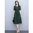 Women Short Sleeves Dress Elegant Round Neck Lace up Pullover A line Skirt Casual Solid Color Loose Dress green M