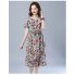 Women Short Sleeves Dress Fashion Floral Printing Mid length Skirt Loose Round Neck Pullover A line Skirt yellow 2XL