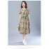 Women Short Sleeves Dress Fashion Floral Printing Mid length Skirt Loose Round Neck Pullover A line Skirt yellow 2XL