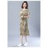 Women Short Sleeves Dress Fashion Floral Printing Mid length Skirt Loose Round Neck Pullover A line Skirt yellow 2XL