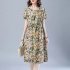 Women Short Sleeves Dress Fashion Floral Printing Mid length Skirt Loose Round Neck Pullover A line Skirt yellow 2XL