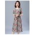 Women Short Sleeves Dress Fashion Floral Printing Mid length Skirt Loose Round Neck Pullover A line Skirt yellow 2XL