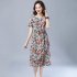 Women Short Sleeves Dress Fashion Floral Printing Mid length Skirt Loose Round Neck Pullover A line Skirt yellow 2XL