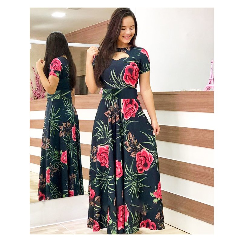 Women Short Sleeves Dress Fashion Floral Digital Printing Large Swing Long Skirt Summer Round Neck Large Size Dress A short sleeve M