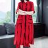 Women Short Sleeves Dress Fashion Striped Printing Single Breasted Cardigan Long Skirt Loose Casual Dress red XL