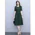 Women Short Sleeves Dress Elegant Round Neck Lace up Pullover A line Skirt Casual Solid Color Loose Dress black L