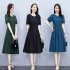 Women Short Sleeves Dress Elegant Round Neck Lace up Pullover A line Skirt Casual Solid Color Loose Dress black L