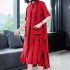 Women Short Sleeves Dress Fashion Striped Printing Single Breasted Cardigan Long Skirt Loose Casual Dress red 2XL