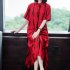 Women Short Sleeves Dress Fashion Striped Printing Single Breasted Cardigan Long Skirt Loose Casual Dress red 2XL