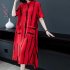 Women Short Sleeves Dress Fashion Striped Printing Single Breasted Cardigan Long Skirt Loose Casual Dress red 2XL