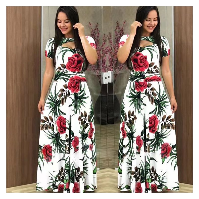 Women Short Sleeves Dress Fashion Floral Digital Printing Large Swing Long Skirt Summer Round Neck Large Size Dress D short sleeve M