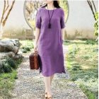 Women Short Sleeves Dress Fashion Chinese Style Cotton Linen Midi Skirt Loose Solid Color Round Neck Dress Purple XL