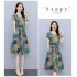 Women Short Sleeves Dress Fashion Sweet Floral Printing Large Swing Dress Casual Round Neck Pullover A line Skirt green L
