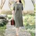 Women Short Sleeves Dress Fashion Chinese Style Cotton Linen Midi Skirt Loose Solid Color Round Neck Dress Grass green M