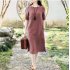 Women Short Sleeves Dress Fashion Chinese Style Cotton Linen Midi Skirt Loose Solid Color Round Neck Dress Grass green XXL