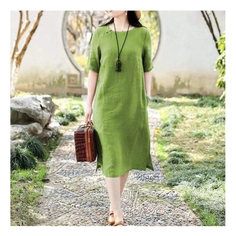 Women Short Sleeves Dress Fashion Chinese Style Cotton Linen Midi Skirt Loose Solid Color Round Neck Dress Grass green XXL