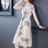 Women Short Sleeves Dress Elegant Printing High Waist A line Skirt Trendy Round Neck Pullover Lace up Dress As shown 4XL