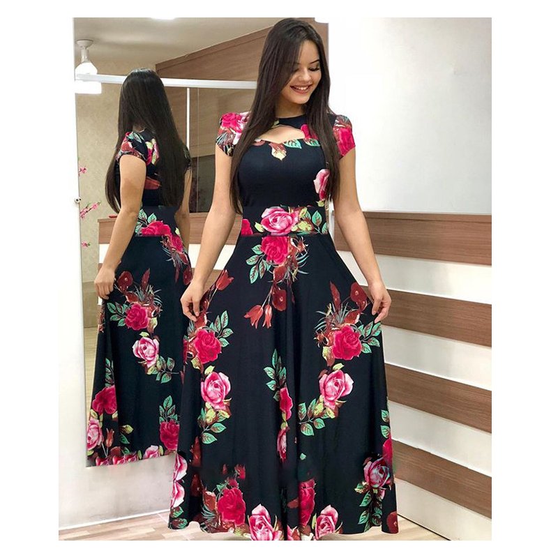Women Short Sleeves Dress Fashion Floral Digital Printing Large Swing Long Skirt Summer Round Neck Large Size Dress E short sleeve M