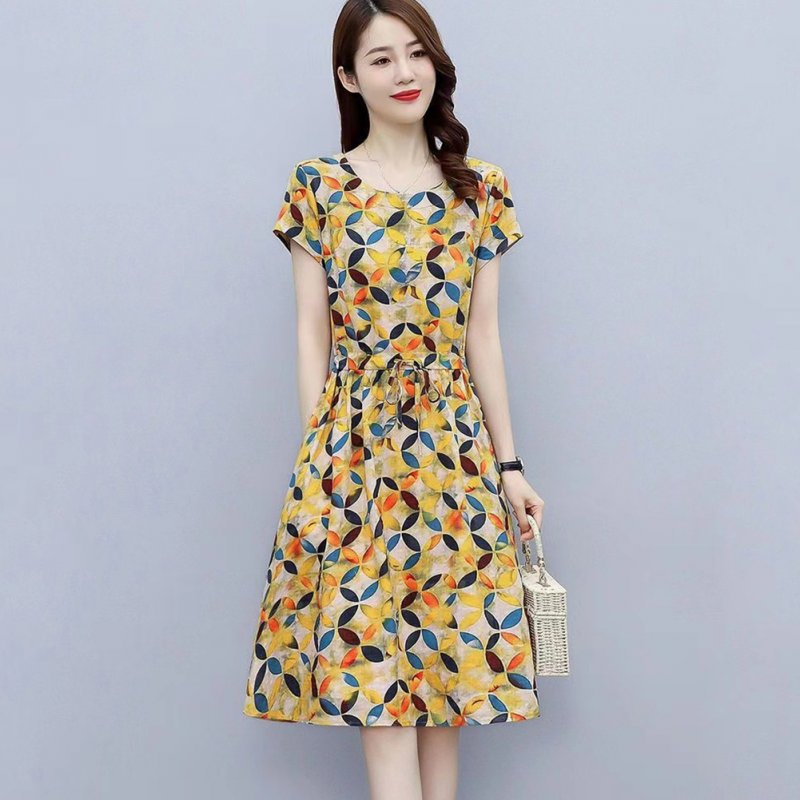 Women Short Sleeves Dress Fashion Sweet Floral Printing Large Swing Dress Casual Round Neck Pullover A-line Skirt yellow XL
