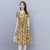 Women Short Sleeves Dress Fashion Sweet Floral Printing Large Swing Dress Casual Round Neck Pullover A line Skirt yellow XL