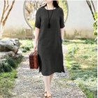 Women Short Sleeves Dress Fashion Chinese Style Cotton Linen Midi Skirt Loose Solid Color Round Neck Dress black M
