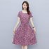 Women Short Sleeves Dress Fashion Sweet Floral Printing Large Swing Dress Casual Round Neck Pullover A line Skirt yellow 2XL
