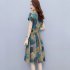 Women Short Sleeves Dress Fashion Sweet Floral Printing Large Swing Dress Casual Round Neck Pullover A line Skirt yellow 2XL